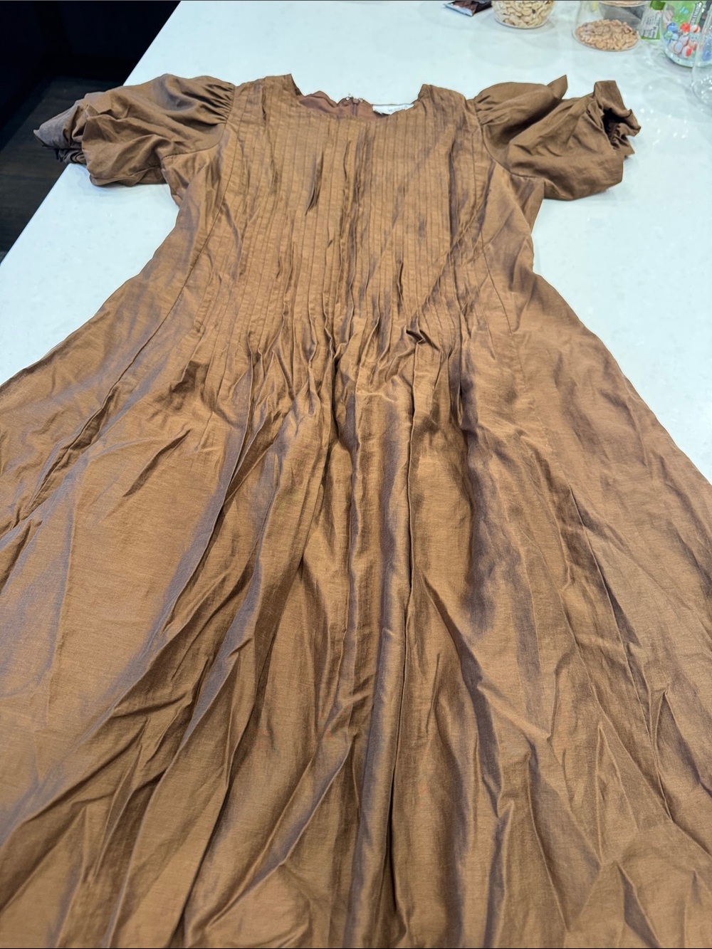 Pintuck Midi Dress in Brown with Puff Sleeves